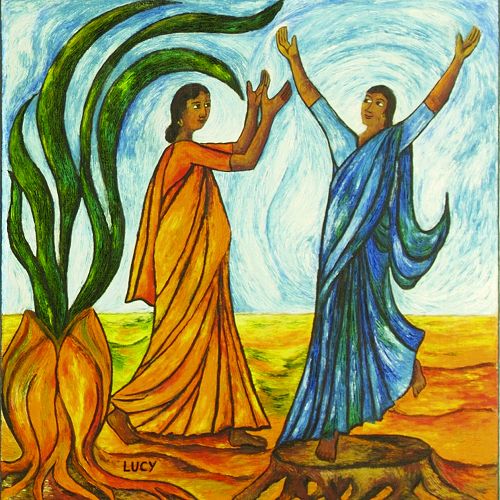 "Maria und Elisabeth aus den MISEREOR-Hungertuch "Biblische Frauengestalten-Wegweiser zum Reich Gottes" von Lucy D'Souza-Krone c MVG Medienproduktion. 1990.