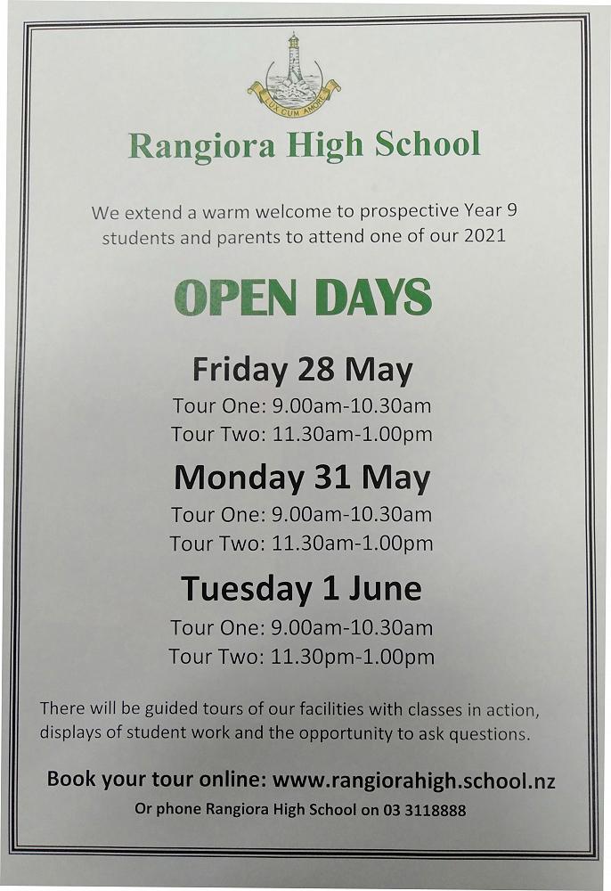 Rangiora High School Open Days Term 2 Week 2 Newsletter