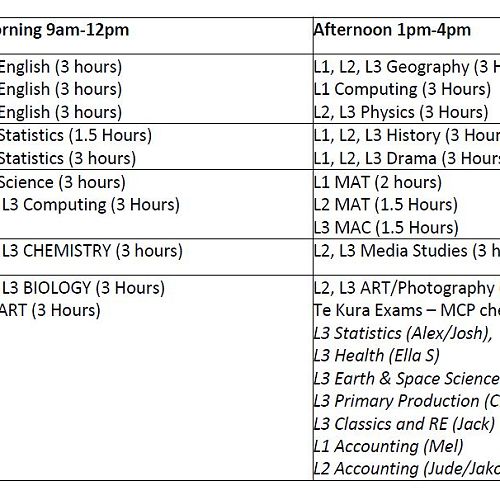 Timetable for senior derived grade exams