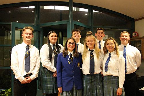 2019 Prefects from left:  Lachlan Welch, Te Puawaiora Nepe Apatu, Head Girl Anna Douglas, Abel King, Samantha Taylor, Head Boy Matthew Jensen, Abby Russell, Zane Berge.