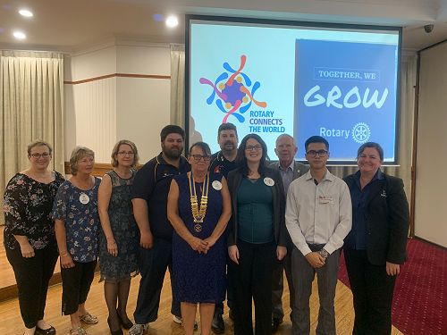 Gladstone Cluster Dinner at the Grand Hotel 8th Aug, with all the Presidents and Rotaract Pres Chris Doring, standing in for President Belinda Prentice for d9560 Passport Club Bernie Le Grand.