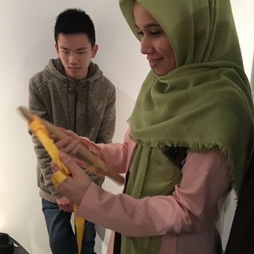 Parvin showing her crocheting skills while Wolin watches.The exhibit “Our Moon: Then, Now & Beyond” will be showing at the Canterbury Museum until 8 November.