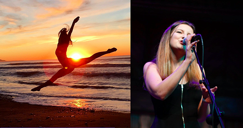 Anna M dancing on Amberley beach, Anna B performing at the Great Hall with the St Andrews Big Band.