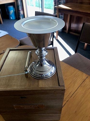 The new communion set in memory of Deborah Turner. The wood for this box came from a bench in the Balfour hall, and was made and gifted by Stan Fissenden.
