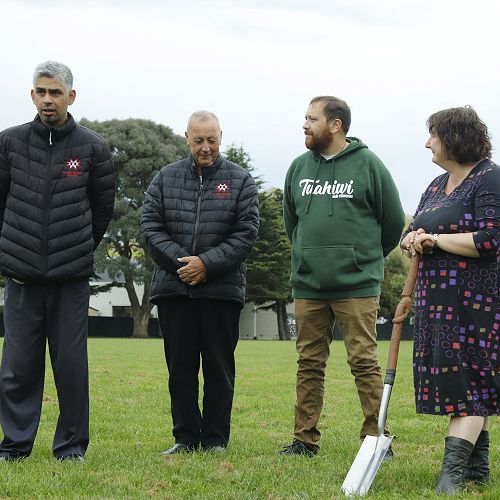 Board of Trustees Chairperson, Janine Ogier with members of Ngai
Tuāhuriri, turning over the first sod of soil.