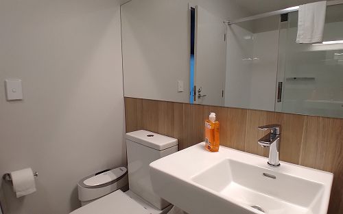 Boarding Village Redevelopment - Ensuite bathroom with view of shower in the mirror