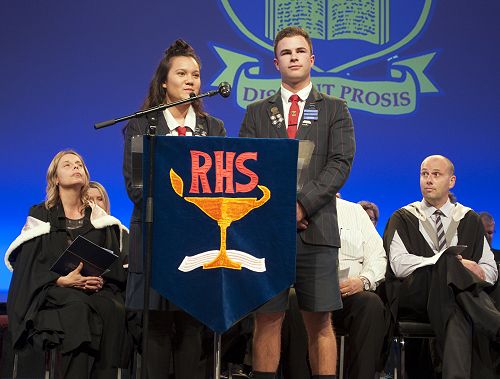 Prizegiving 2016: Head students, Cheyenne Te Haara-Barr and Rob Hopkins.