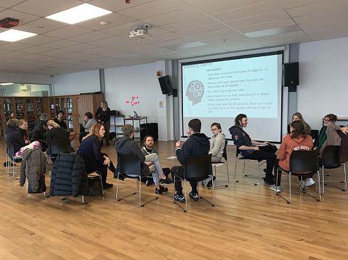 Teams discussing their strategies for the Memory Game. (Christchurch)