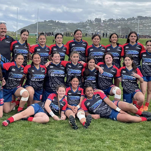 The winning team of the Te Waipounamu Maori Rakatahi Rugby Tournament.