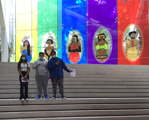 Posing in front of the Pacific stained glass at the Auckland Art Gallery