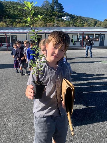 Trees for Māwhera Project. St Patrick's students line up to recieve their native tree.