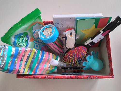 One of the many Christmas gift boxes prepared by Middle School students