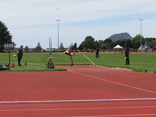 Morgan Oudemans competing in the Javelin at the NZSS Track & Field Championships in Tauranga December 2020