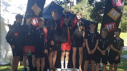 Left to right: Silver medalists Mathijs Wetzels, Reuben Fraser, and Quinn Boyle. Gold medalists Dominic Fawkner, Robin Kos, and Joe Morgan and the bronze medalists from Whanganui Collegiate.