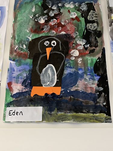 "I liked painting the penguins. I am proud of making it rainbow!" - Eden