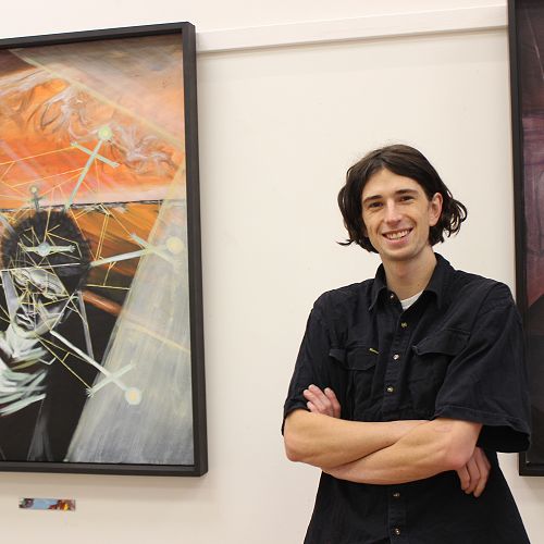 Nick Guilford at his solo exhibition 'Ecdysis' at the Dunedin Community Gallery