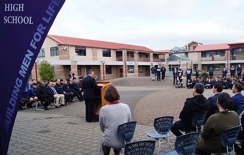 Nick McIvor addresses the school.