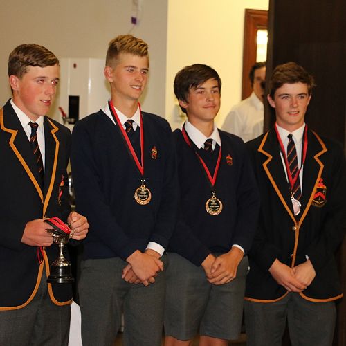 The John McGlashan College team that won a bronze medal in the Nett competition of the World School's golf challenge are congratulated at the prize giving.&nbsp;