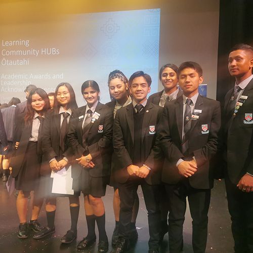 Kaye Maravilla and Rose Lim, Academic Awardees, Dipal Narayan, Head Girl, Syntori Fa'ataape, Deputy Head Student, Ivo Baguingey, Waiporoporo House Leader, prefects, Ranalia Savelio, Paul Reyes and Divashaal Prasad.