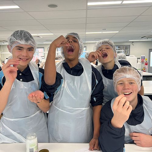 William Blakie, Nived Menon, Levi Simpson and Owen Jack sampling grass-hoppers