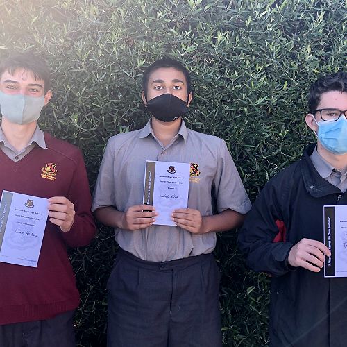 From left, Liam Weston, winner Sahil Hira, and Tyler Curtis.  Seth Davis was absent.