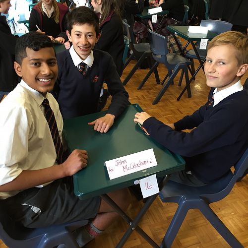 Krishan Luxmanan, Josh Hou and Charlie Grey waiting patiently for the start of the Year 9 & 10 ODT Social Studies Quiz