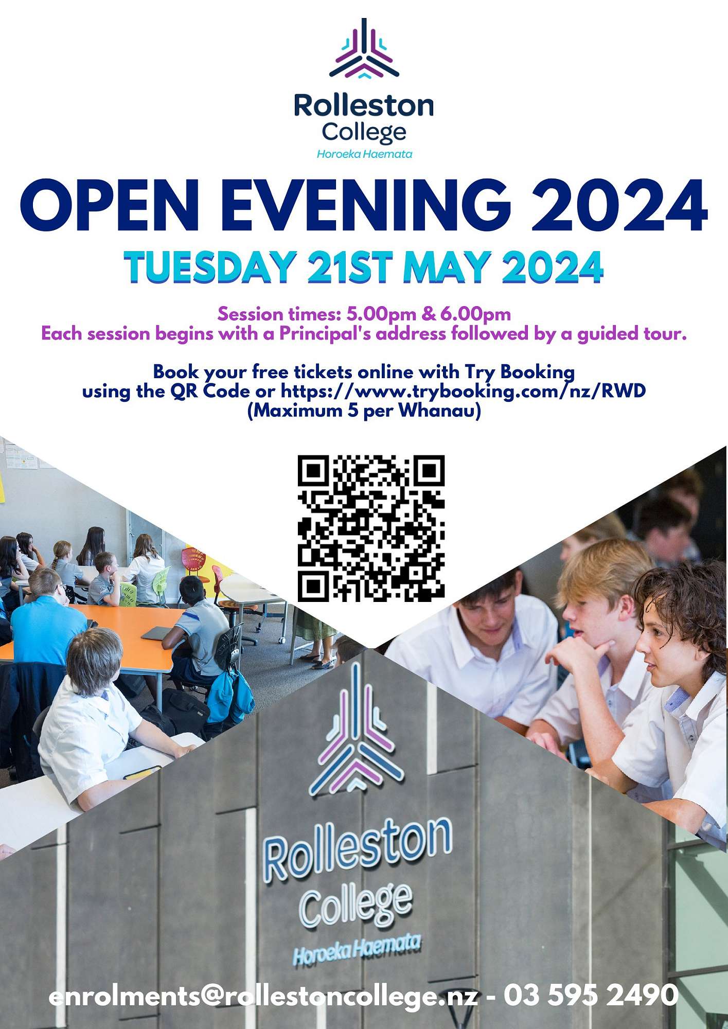 Rolleston College Open Evening & Enrolments 2024 — Pānui 6 9 Haratua