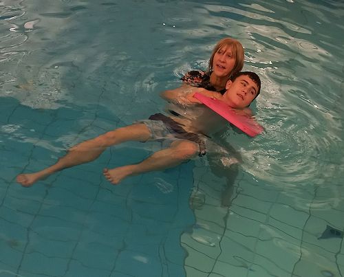 We have continued to swim each week, however it isn't all play. Jacob is slowly building his confidence  up on his back with the help of staff.