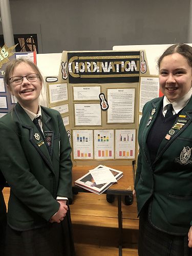 Carys Williams and Scarlett Wilson with their project investigating hand eye coordination and musical instruments