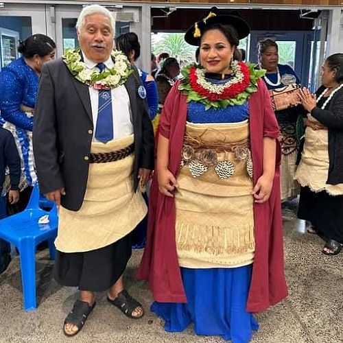 Dr Suliana Mone 'Alouaivaha (right), one of 5 from within Vahefonua Tonga 'o Aotearoa to graduate with a PHD, with Rev Tevita Finau.