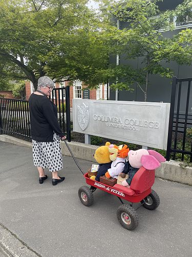 Mrs Duthie with Pooh, Tigger and Piglet
