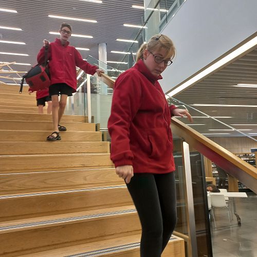 Lots of care is required to manage the steep staircase in Turunga. Well done guys.