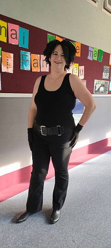 Mrs Halls Costume = 'Death' from Neil Gaiman's graphic novel, Sandman