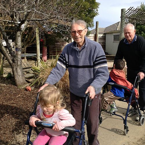 Peacehaven residents visiting Ranui Kindergarten as part of Peacehaven Village's Intergenerational Programme