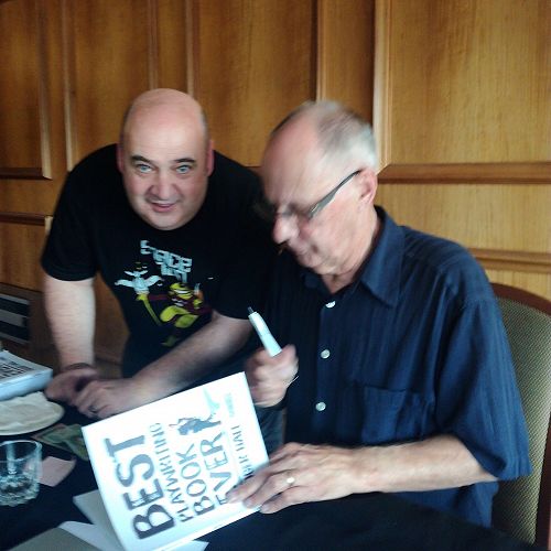 Emerging playwright Ian
Loughran talking with Roger Hall after Saturday’s masterclass.





