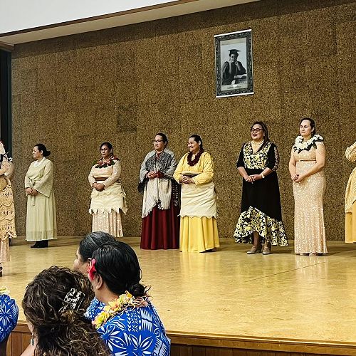 President-Elect of the New Zealand Methodist Women's Fellowship, Mrs Tiulipe Pope (forefront) with members of the Tongan fellowship executive team, at their Fiefia Night.