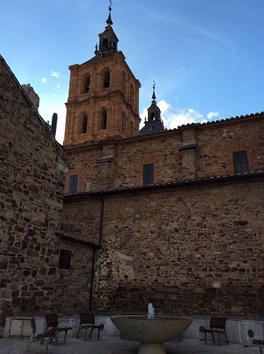 Day 15 Plaza with church tower behind, in Astoria.  We had to walk the perimeter to find the entrance and then it was closed.