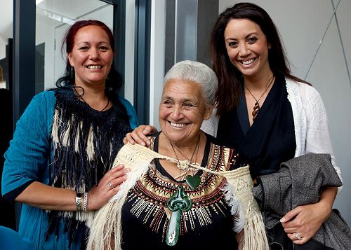 Reihana Parata with Miriama Kamo and Catherine Stuart at Rapaki Wharekai Opening 2018