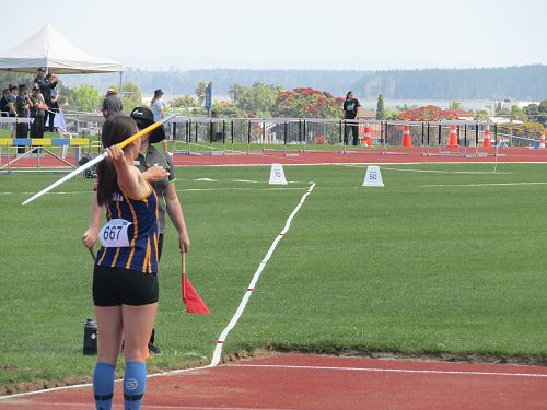 Monica McDonald competing in the Javelin at the NZSS Track & Field Championships in Tauranga December 2020