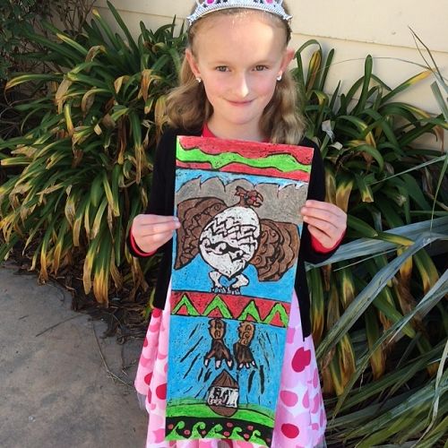 Samantha and her crayon batik panel.