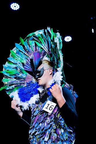 Jaden Dew modelling Journie Karaitiana's "The Evolving Peacock" 