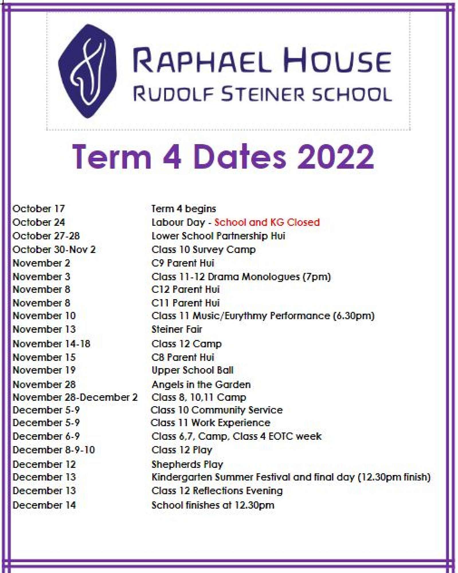 Term 4 Dates