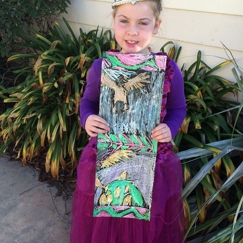 Tahlia and her crayon batik panel.