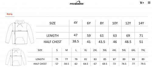 Hoodie sizing chart
