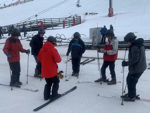 Luke van den Bosche, Jack Glasgow, Junwoo Baek, Jamie Lean and Corey Leathart-Sutherland beginning thier skiing journey on Coronet Peak