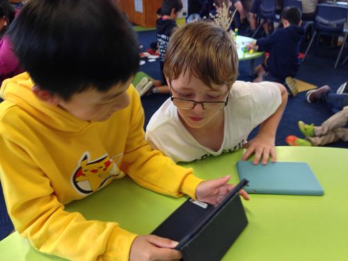 Sean and Dylan practise presenting their presentations with each other.