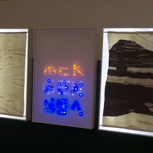 Down the Rabbit Hole Art Collective 2021, Emergent Seas - the bedrock of Antarctica, three light boxes at 680 x 1080mm, weaving, LEDs, Arduino, engraved opal Perspex