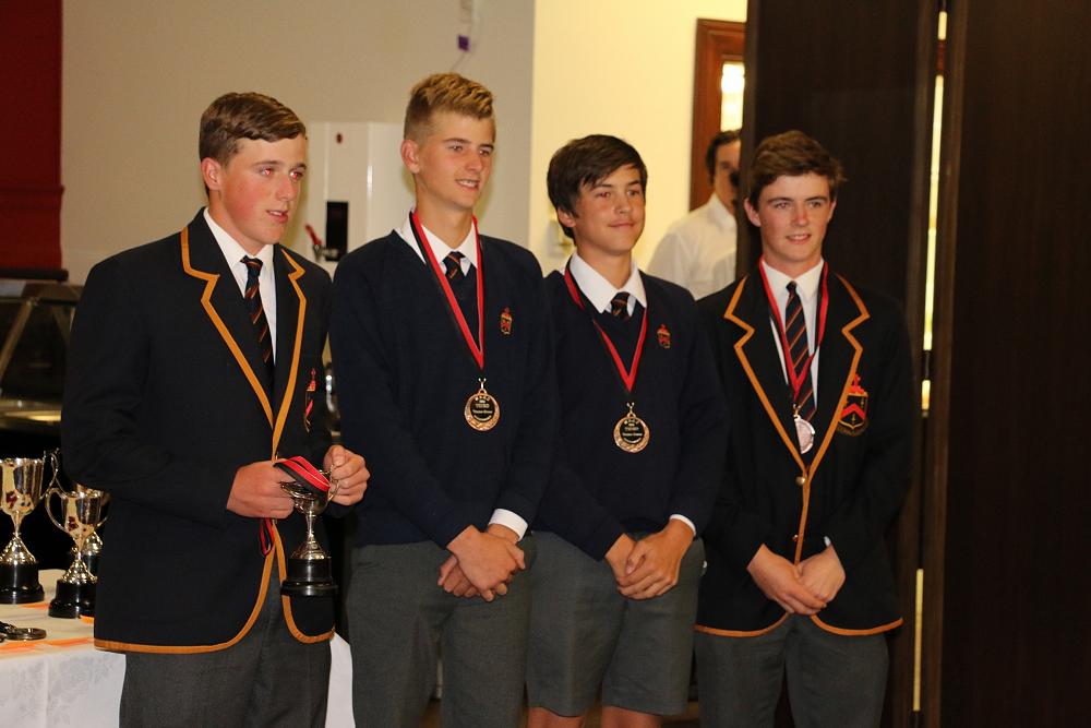 The John McGlashan College team that won a bronze medal in the Nett competition of the World School's golf challenge are congratulated at the prize giving.&nbsp;