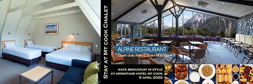 Stay at Mount Cook Lodge | Eat in style at Mount Cook Hermitage Hotel (till you drop!)