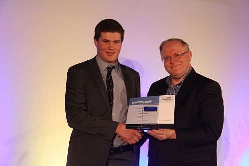 Jack Canham receiving his Lincoln University Blue for Canoe Slalom from Vice Chancellor Robin Pollard